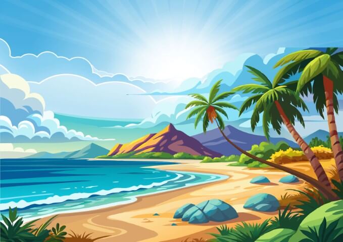 Magical island of Lumora with tropical beach, mountains and waterfall representing the adventure-based learning environment