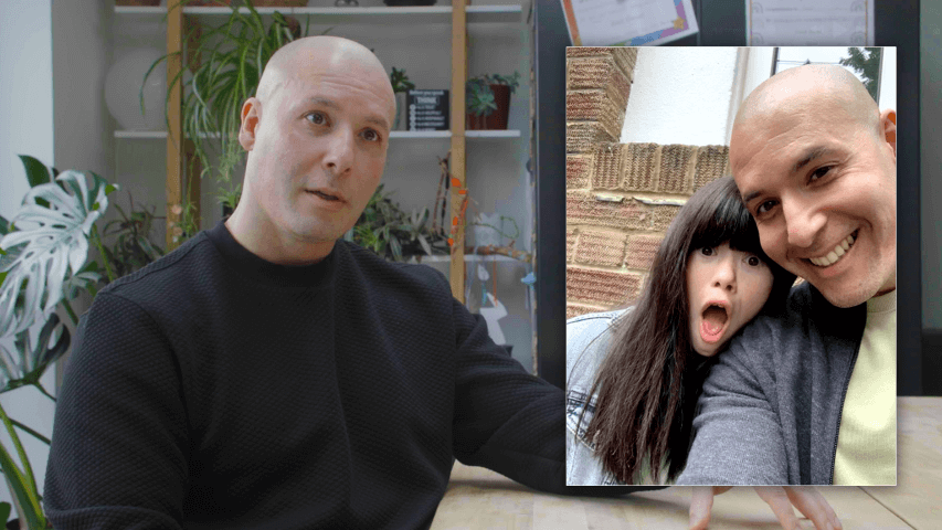 Seb Kane, Founder of BrainX Movement, in his workspace with inset photo of him and his daughter Sara